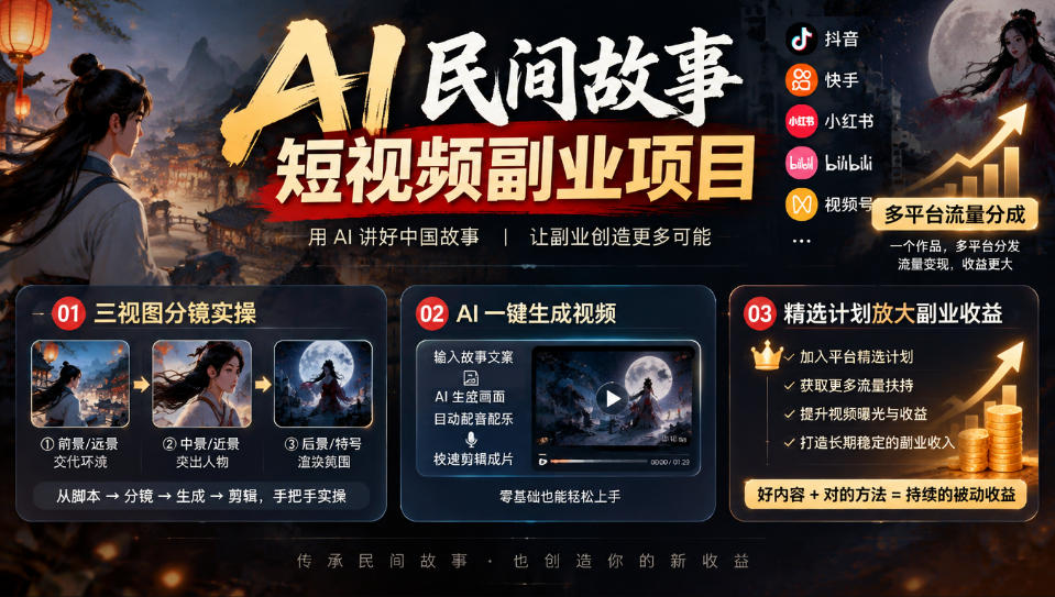 AI民间故事短视频副业项目，多平台流量分成，三视图分镜实操，精选计划放大副业收益-创业资源网