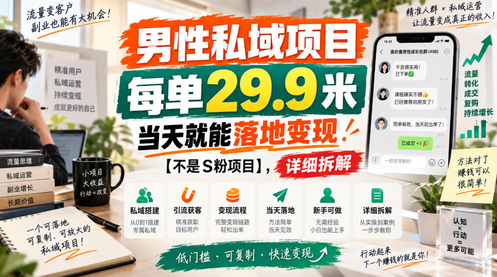 男性私域项目，每单29.9米，当天就能落地变现【不是S粉项目】，详细拆解-创业资源网