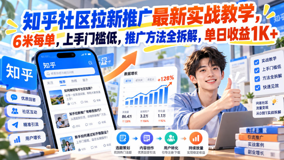 知乎社区拉新推广最新实战教学，6米每单，上手门槛低，推广方法全拆解，单日收益1K+！-创业资源网