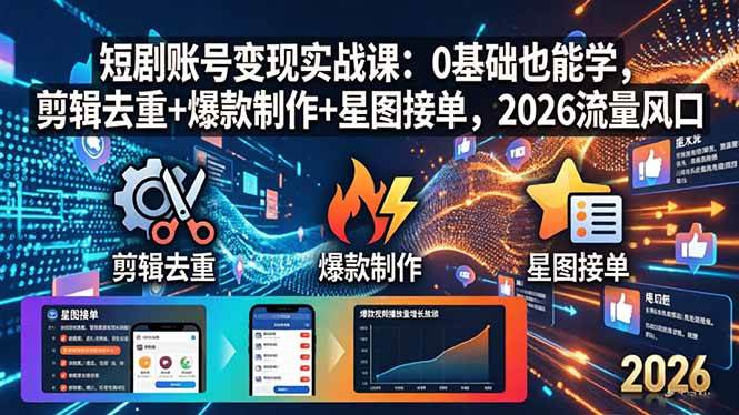 （18160期）短剧账号变现实战课：0基础也能学，剪辑去重+爆款制作+星图接单，2026流量风口-创业资源网