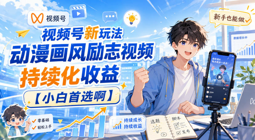 视频号新玩法动漫画风励志视频，持续化收益【小白首选啊】-创业资源网