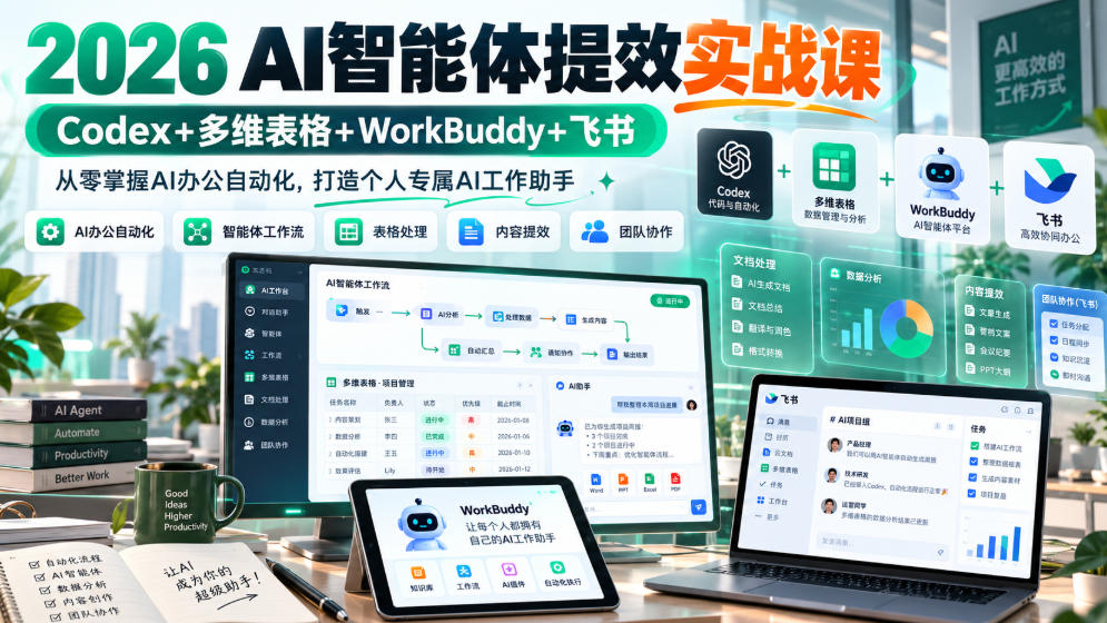 2026 AI智能体提效实战课：Codex+多维表格+WorkBuddy+飞书，从零掌握AI办公自动化，打造个人专属AI工作助手-创业资源网