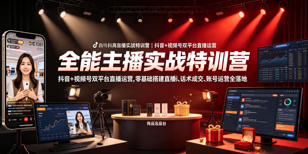 全能主播实战特训营｜抖音+视频号双平台直播运营，零基础搭建直播间、精准选品、话术成交、账号运营全落地-创业资源网