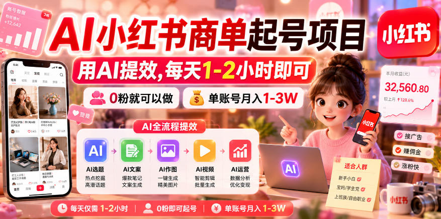 AI小红书商单起号项目,用AI提效,每天1-2小时即可,0粉就可以做,单账号月入1-3W-创业资源网