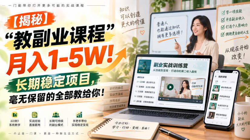 【揭秘】“教副业课程”月入1-5W！长期稳定项目，毫无保留的全部教给你！-创业资源网