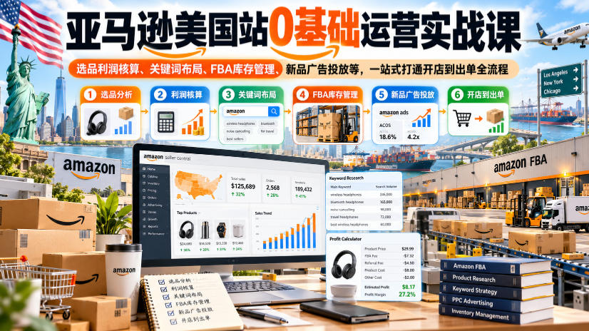亚马逊美国站0基础运营实战课|选品利润核算、关键词布局、FBA库存管理、新品广告投放等,一站式打通开店到出单全流程 亚马逊美国站0基础运营实战课|选品利润核算、关键词布局、FBA库存管理、新品广告投放等,一站式打通开店到出单全流程
