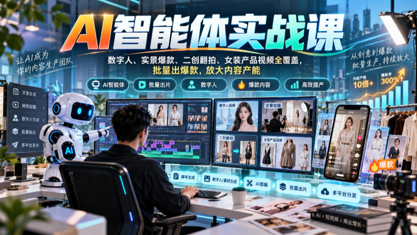 AI智能体实战课,数字人、实景爆款、二创翻拍、女装产品视频全覆盖,批量出爆款,放大内容产能-创业资源网