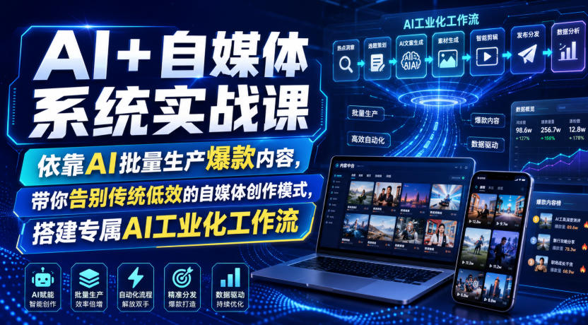 AI+自媒体系统实战课，依靠AI批量生产爆款内容，带你告别传统低效的自媒体创作模式，搭建专属AI工业化工作流-创业资源网