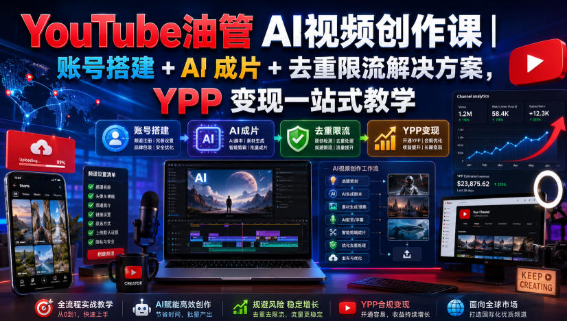 YouTube油管AI视频创作课｜账号搭建+AI成片+去重限流解决方案，YPP变现一站式教学-创业资源网