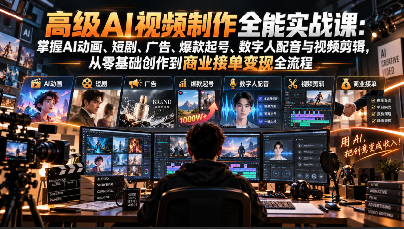 高级AI视频制作全能实战课：掌握AI动画、短剧、广告、爆款起号、数字人配音与视频剪辑，从零基础创作到商业接单变现全流程-创业资源网