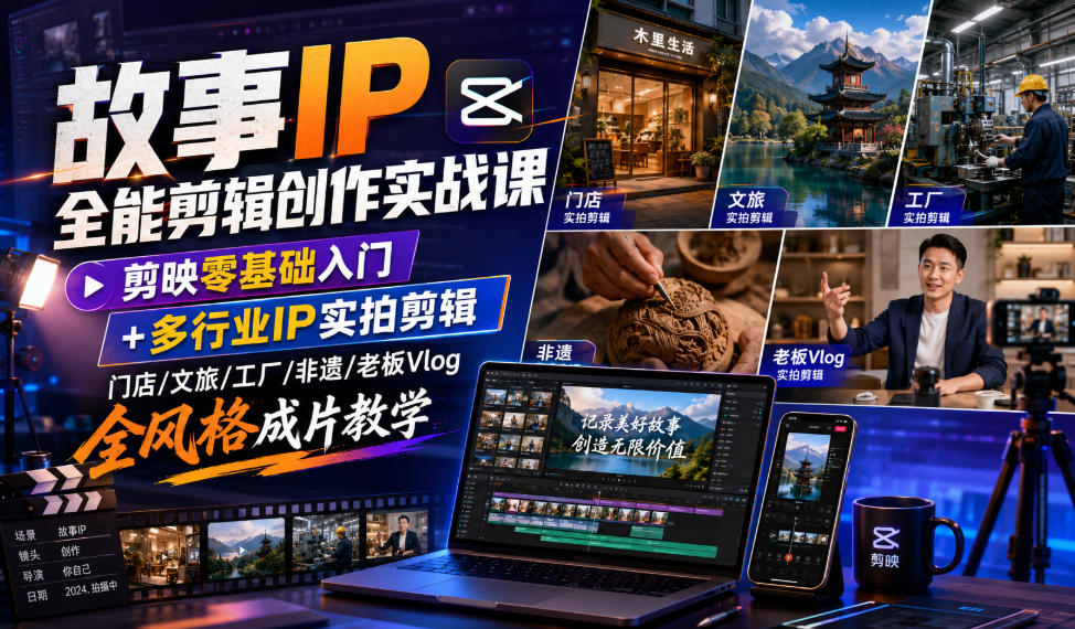 故事IP全能剪辑创作实战课｜剪映零基础入门+多行业IP实拍剪辑，门店/文旅/工厂/非遗/老板Vlog全风格成片教学-创业资源网