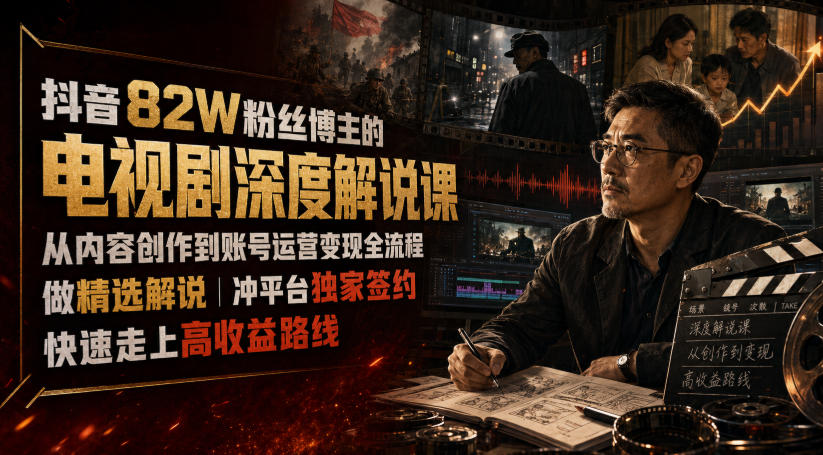 抖音82W粉丝博主的电视剧深度解说课，从内容创作到账号运营变现全流程，做精选解说，冲平台独家签约，快速走上高收益路线-创业资源网