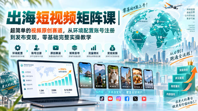 出海短视频矩阵课｜超简单的视频原创赛道，从环境配置账号注册到发布变现，零基础完整实操教学-创业资源网