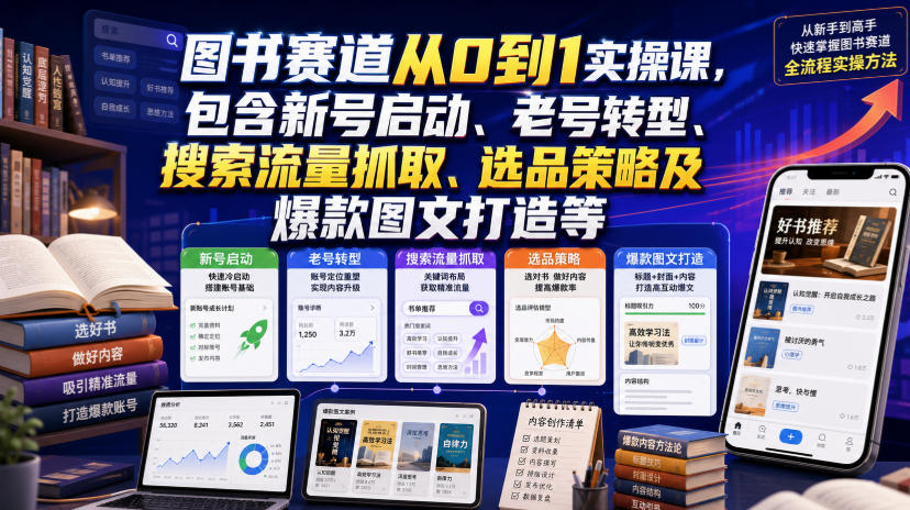 图书赛道从0到1实操课,包含新号启动、老号转型、搜索流量抓取、选品策略及爆款图文打造等-创业资源网