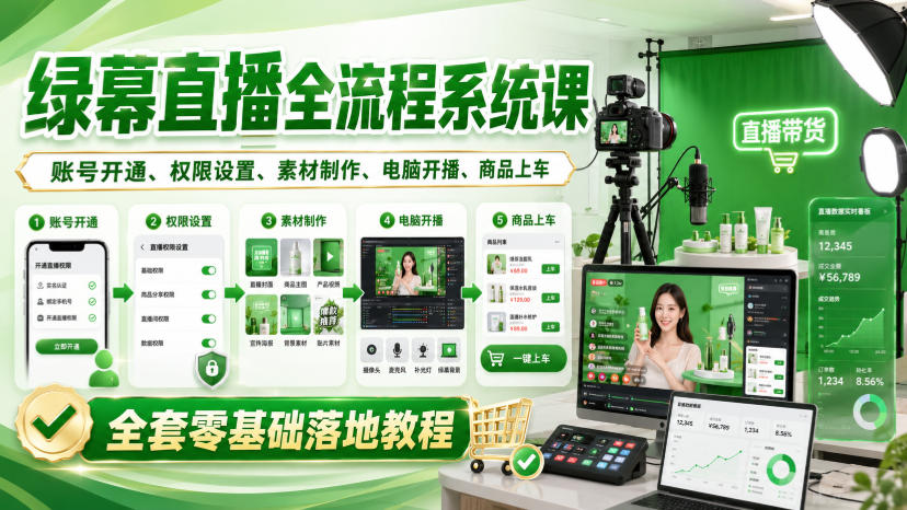 绿幕直播全流程系统课，账号开通、权限设置、素材制作、电脑开播、商品上车全套零基础落地教程-创业资源网