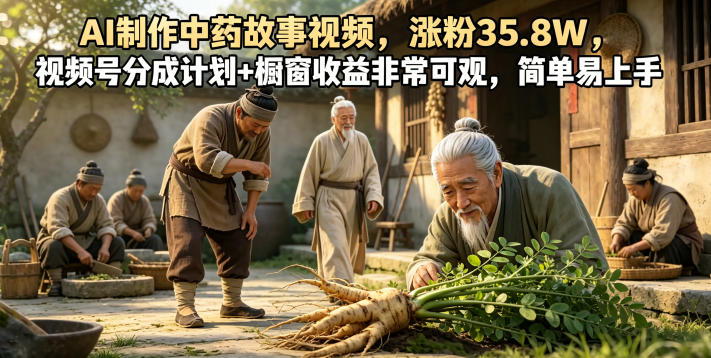 AI制作中药故事视频，涨粉35.8W，视频号分成计划+橱窗收益非常可观，简单易上手-创业资源网