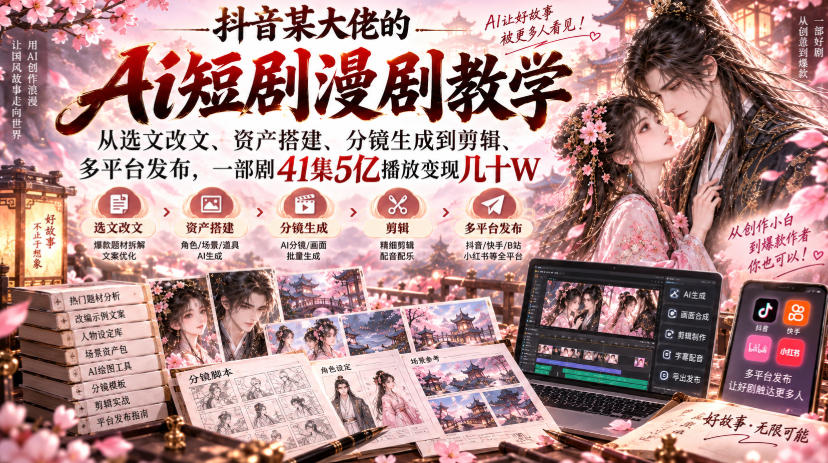 抖音某大佬的Ai短剧漫剧教学,从选文改文、资产搭建、分镜生成到剪辑、多平台发布,一部剧41集5亿播放变现几十W-创业资源网
