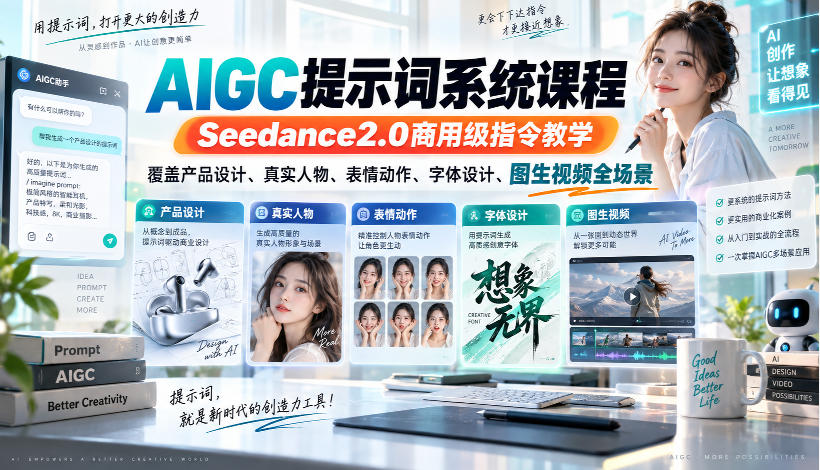 AIGC提示词系统课程，Seedance2.0商用级指令教学，覆盖产品设计、真实人物、表情动作、字体设计、图生视频全场景-创业资源网
