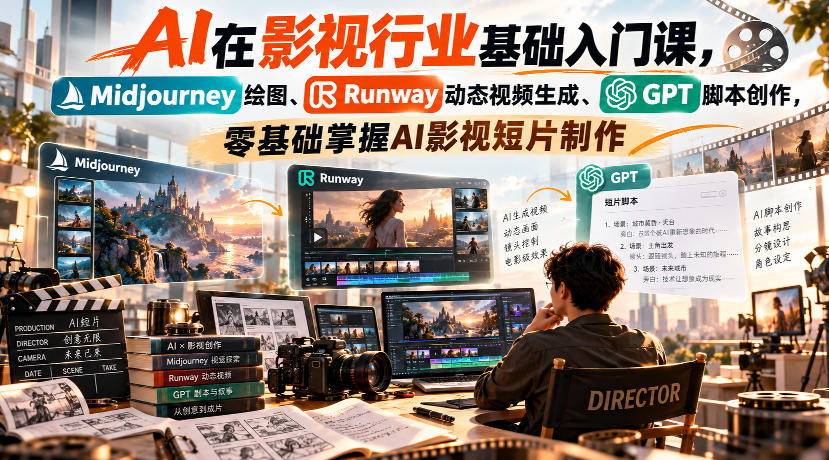 【无水印】AI在影视行业基础入门课，Midjourney绘图、Runway动态视频生成、GPT脚本创作，零基础掌握AI影视短片制作-创业资源网