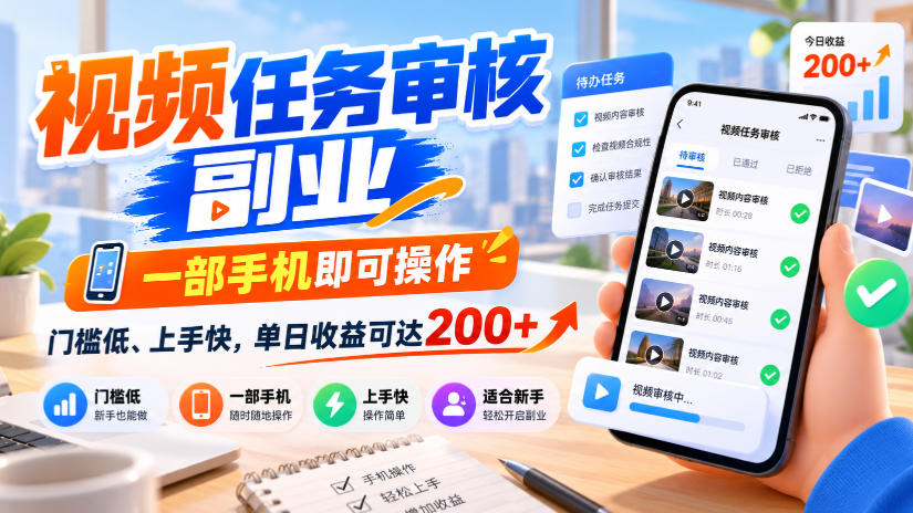 视频任务审核副业，一部手机即可操作，门槛低、上手快，单日收益可达200+【揭秘】-创业资源网