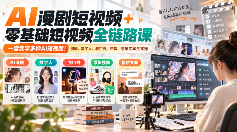 AI漫剧短视频+零基础短视频全链路课，一套课学多种AI短视频！漫剧、数字人、脱口秀、带货、情感文案全实操-创业资源网