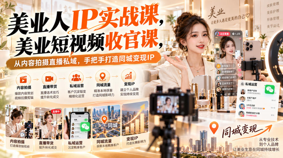 【无水印】美业人IP实战课，美业短视频收官课，从内容拍摄直播私域，手把手打造同城变现IP-创业资源网