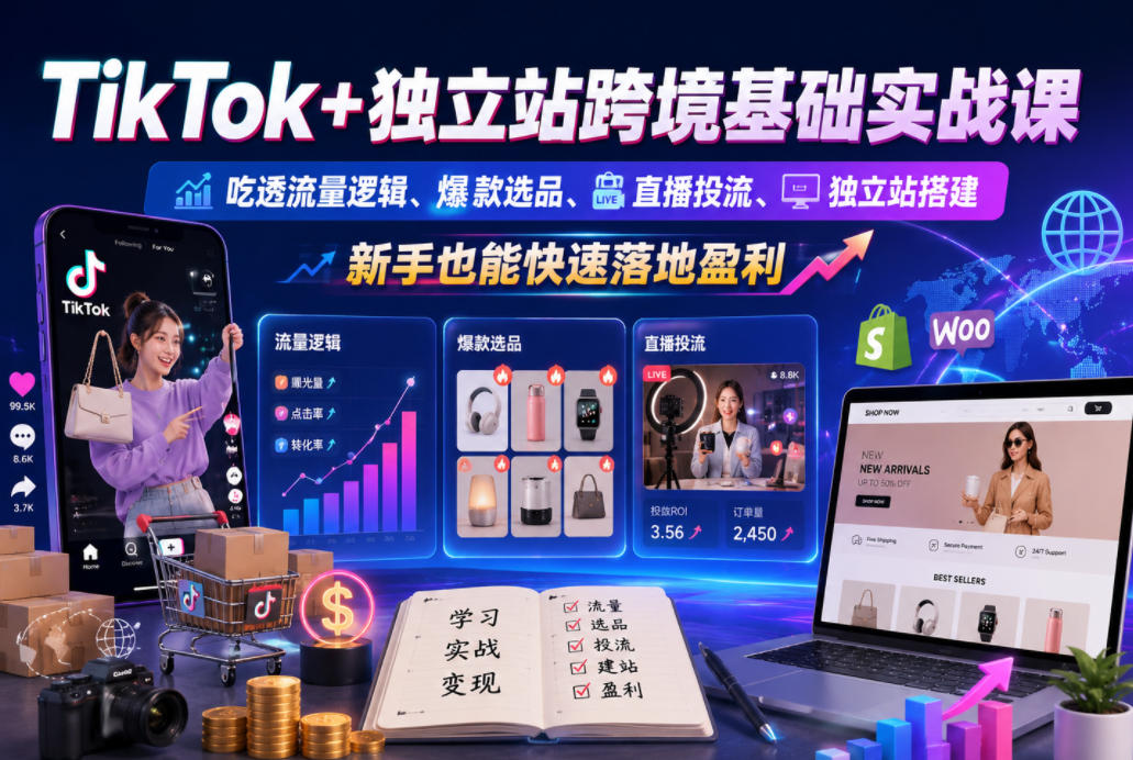 TikTok+独立站跨境基础实战课，吃透流量逻辑、爆款选品、直播投流与独立站搭建，新手也能快速落地盈利-创业资源网