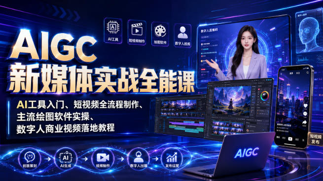 AIGC新媒体实战全能课｜AI工具入门、短视频全流程制作、主流绘图软件实操、数字人商业视频落地教程-创业资源网