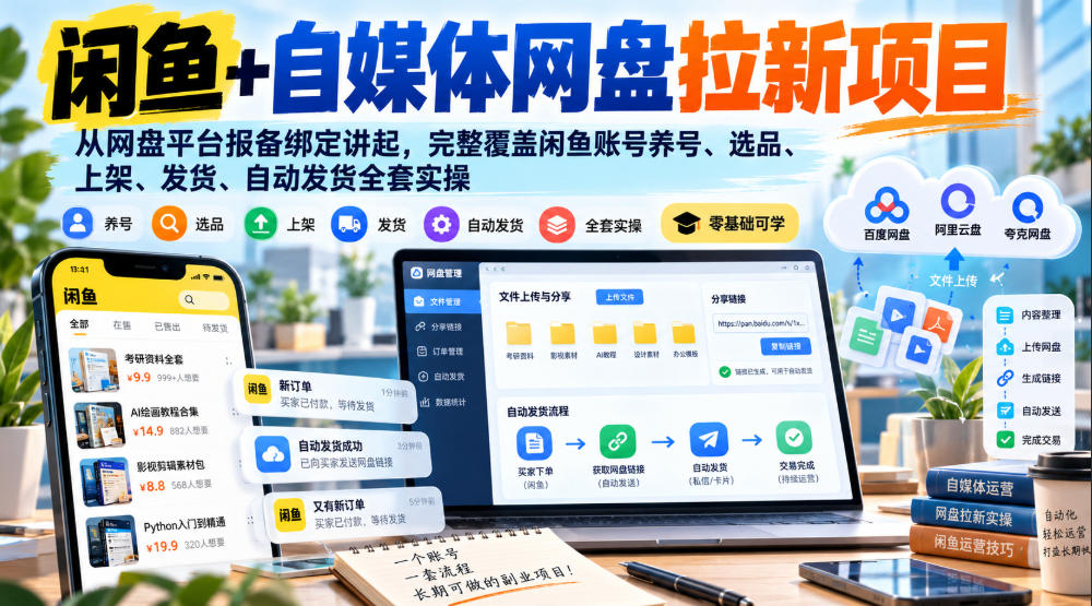 闲鱼+自媒体网盘拉新项目，从网盘平台报备绑定讲起，完整覆盖闲鱼账号养号、选品、上架、发货、自动发货全套实操-创业资源网