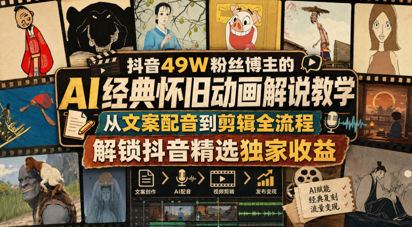 抖音49W粉丝博主的AI经典怀旧动画解说教学，从文案配音到剪辑全流程，解锁抖音精选独家收益-创业资源网