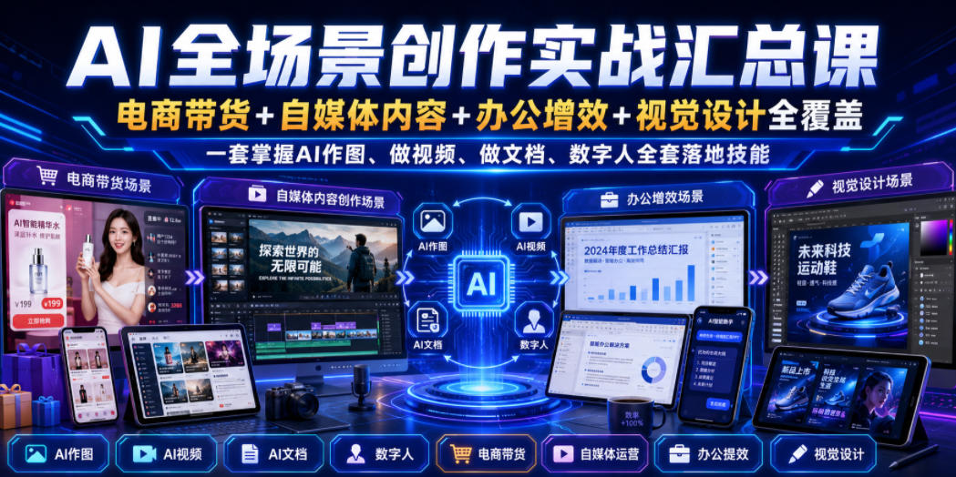 AI全场景创作实战汇总课｜电商带货+自媒体内容+办公增效+视觉设计全覆盖，一套掌握AI作图、做视频、做文档、数字人全套落地技能-创业资源网