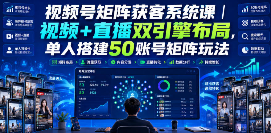 视频号矩阵获客系统课｜视频+直播双引擎布局，单人搭建50账号矩阵玩法，流量入池、搜索占位、全域引流沉淀私域全流程教学-创业资源网