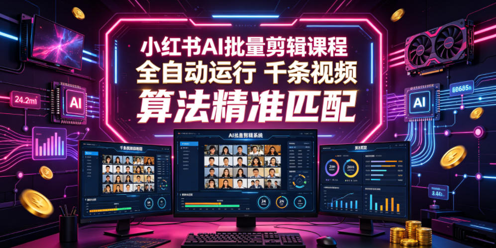 小红书AI批量剪辑课程，24小时全自动运行，解放双手专注运营，千条视频批量处理，小红书算法精准匹配-创业资源网