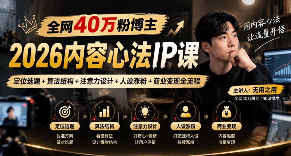 【无水印】全网40W粉博主的2026内容心法IP课,定位选题+算法结构+注意力设计+人设涨粉+商业变现全流程-创业资源网