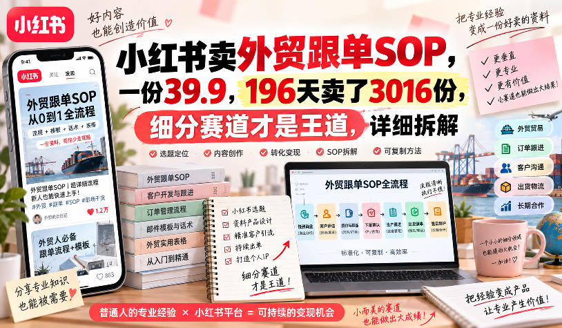 小红书卖外贸跟单sop，一份39.9，196天卖了3016份，细分赛道才是王道，详细拆解-创业资源网