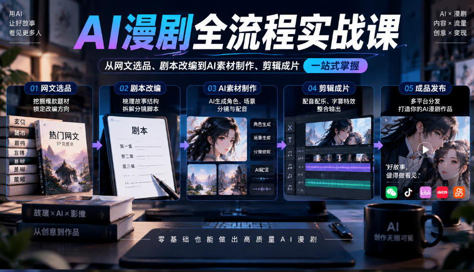 AI漫剧全流程实战课，覆盖从网文选品、剧本改编到AI素材制作、剪辑成片的完整链路-创业资源网