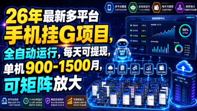 26年最新多平台手机挂G项目，全自动运行，每天可提现，单机900-1500月，可矩阵放大【揭秘】-创业资源网