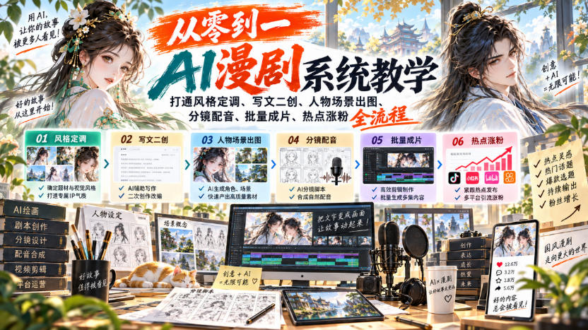 从零到一AI漫剧系统教学,打通风格定调、写文二创、人物场景出图、分镜配音、批量成片、热点涨粉全流程-创业资源网
