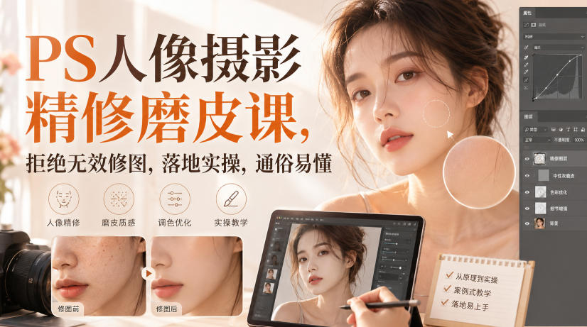 PS人像摄影精修磨皮课，拒绝无效修图，落地实操，通俗易懂-创业资源网