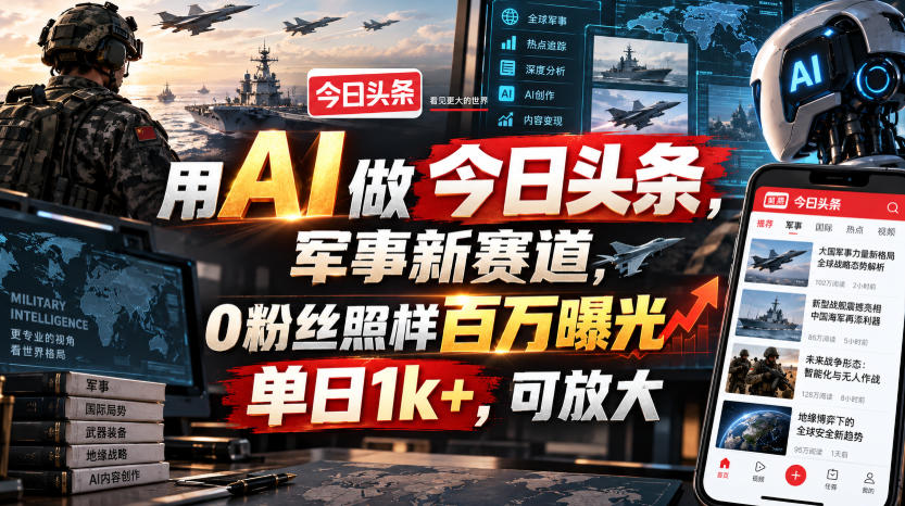 用AI做今日头条，军事新赛道，0粉丝照样百万曝光，单日1k+，可放大-创业资源网