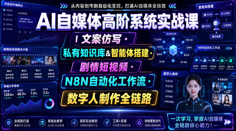 AI自媒体高阶系统实战课｜文案仿写・私有知识库&智能体搭建・剧情短视频・N8N自动化工作流・数字人制作全链路-创业资源网