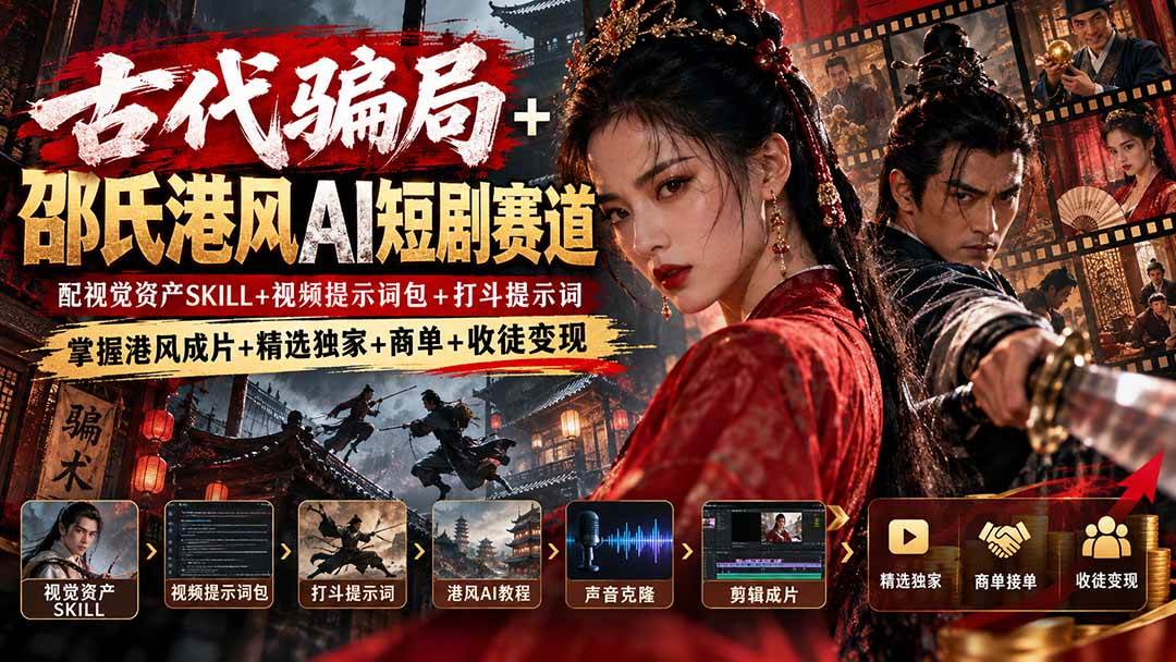（20684期）古代骗局+邵氏港风AI短剧赛道：配视觉资产SKILL+视频提示词包+打斗提示词，掌握港风成片+精选独家+商单+收徒变现-创业资源网