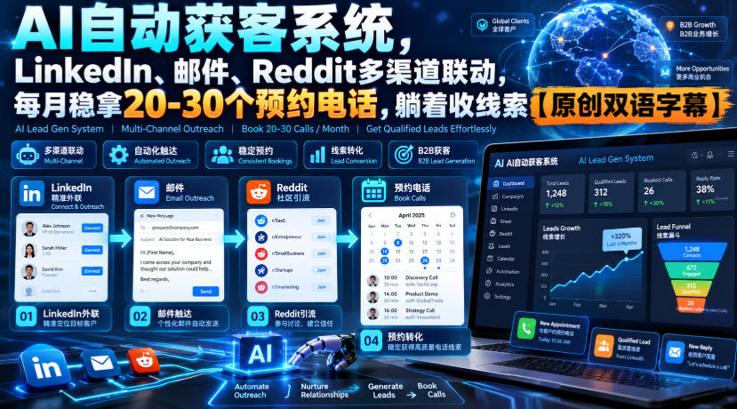 【无水印】AI自动获客系统，LinkedIn、邮件、Reddit多渠道联动，每月稳拿20-30个预约电话，躺着收线索【原创双语字幕】-创业资源网