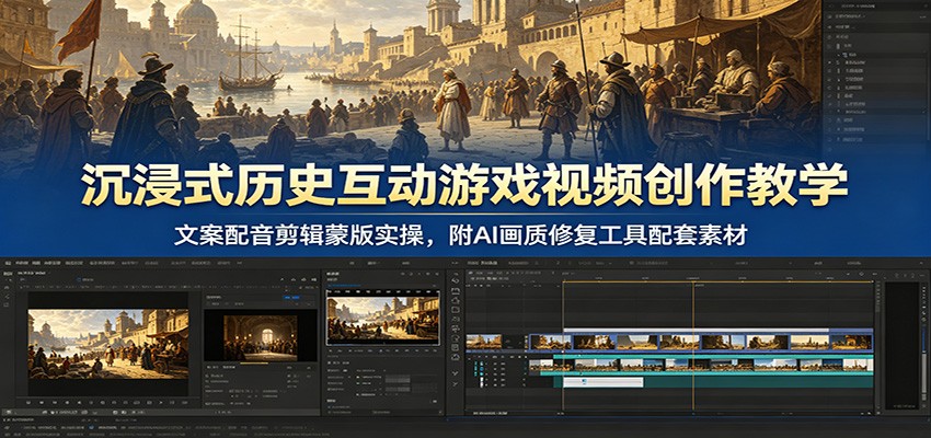 沉浸式历史互动游戏视频创作教学:文案配音剪辑蒙版实操,附AI画质修复工具配套素材-创业资源网