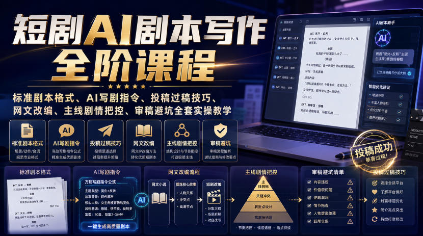 短剧AI剧本写作全阶课程|标准剧本格式、AI写剧指令、投稿过稿技巧、网文改编、主线剧情把控、审稿避坑全套实操教学-创业资源网
