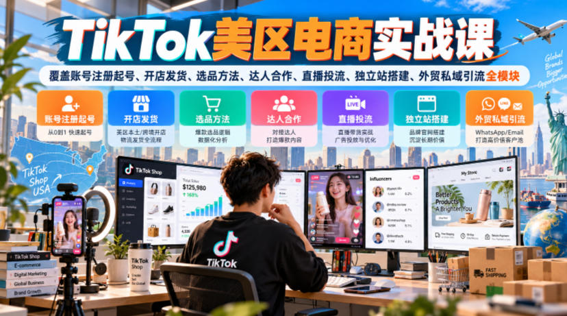 TikTok美区电商实战课，覆盖账号注册起号、开店发货、选品方法、达人合作、直播投流、独立站搭建、外贸私域引流全模块-创业资源网