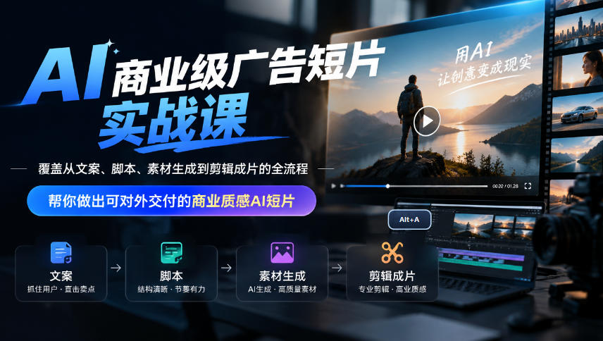 AI商业级广告短片实战课，覆盖从文案、脚本、素材生成到剪辑成片的全流程，帮你做出可对外交付的商业质感AI短片-创业资源网