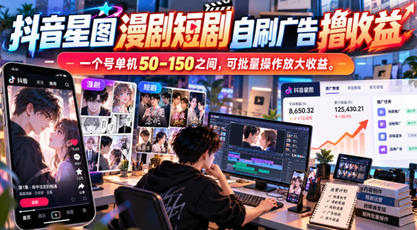 抖音星图漫剧短剧自刷广告撸收益，一个号单机50-150之间，可批量操作放大收益-创业资源网