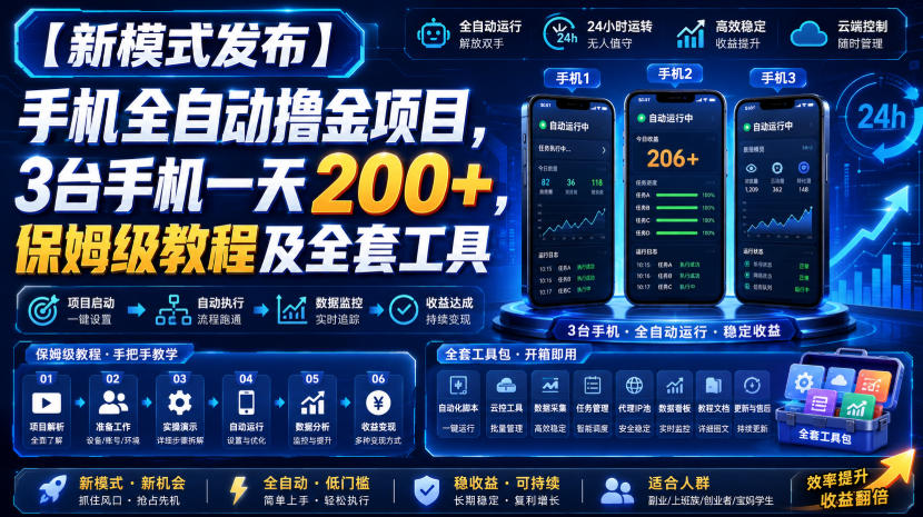 【新模式发布】手机全自动撸金项目，3台手机一天200+，保姆级教程及全套工具【揭秘】-创业资源网
