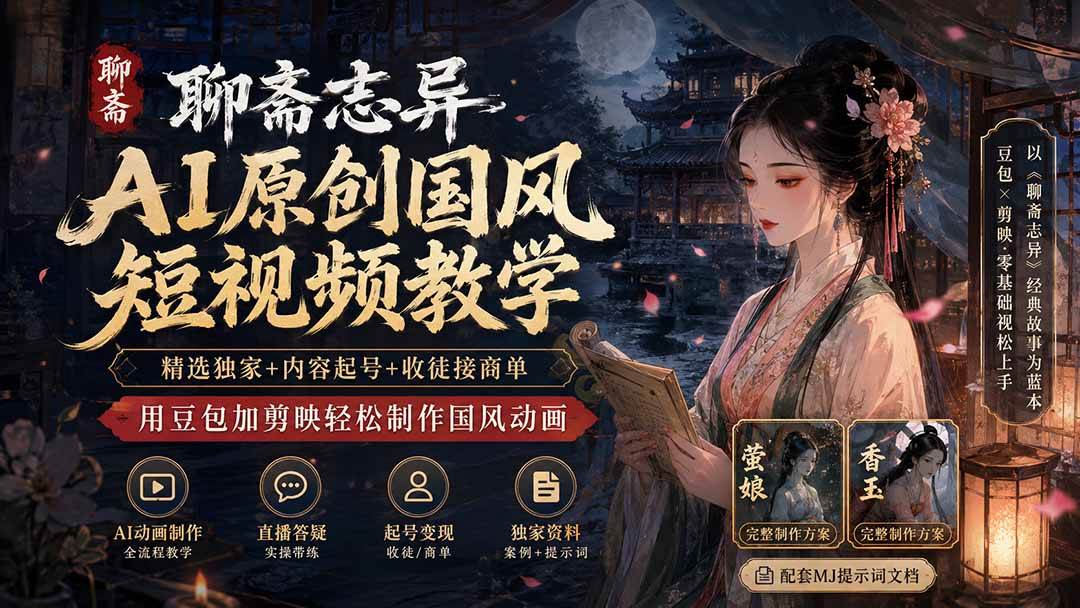 （19834期）聊斋志异AI原创国风短视频教学；精选独家+内容起号+收徒接商单，用豆包加剪映轻松制作国风动画